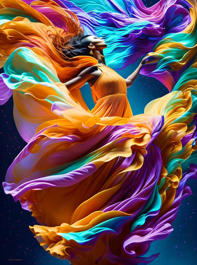 Vibrant swirling fabrics around a woman in orange dress