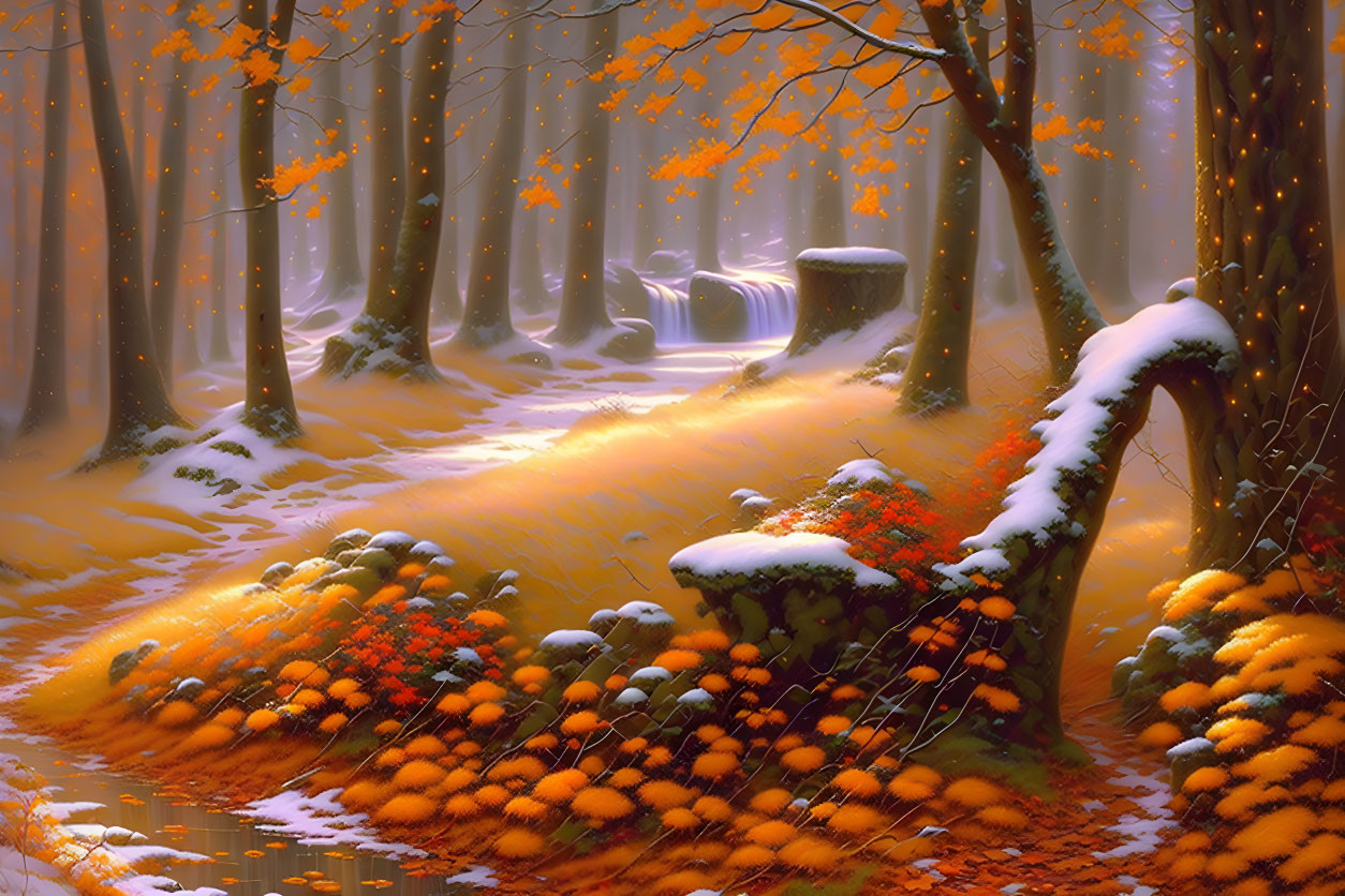 Autumnal forest scene with snow, waterfall, sunlight, orange leaves