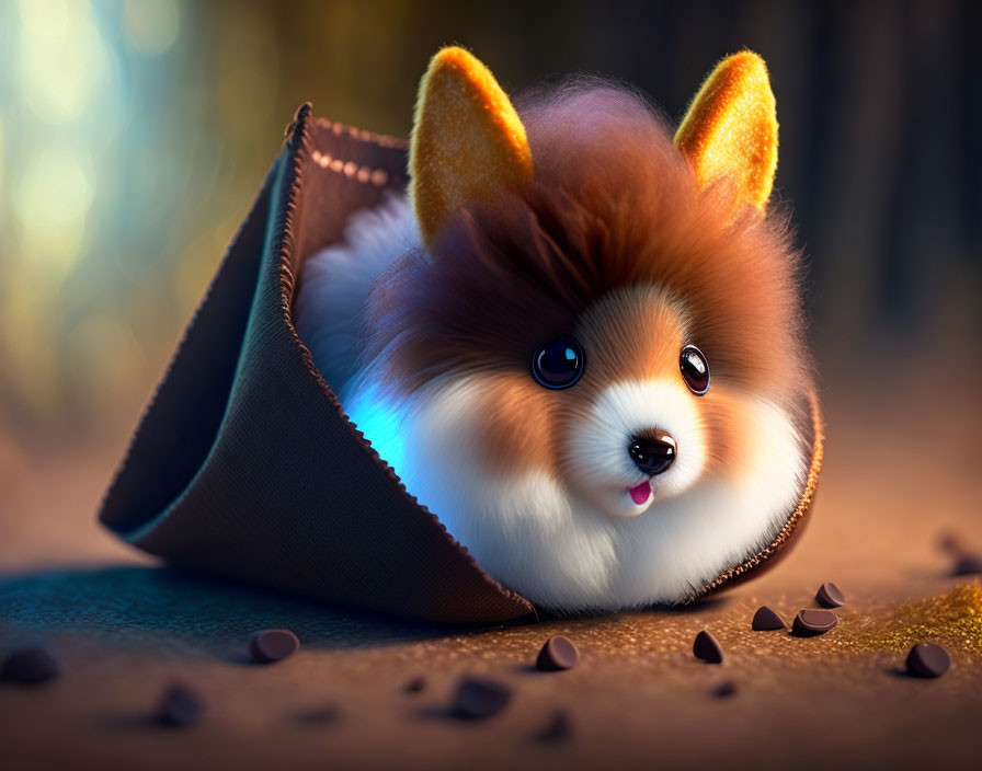 Fluffy cartoon Pomeranian in purse with glowing ears and chocolate chips