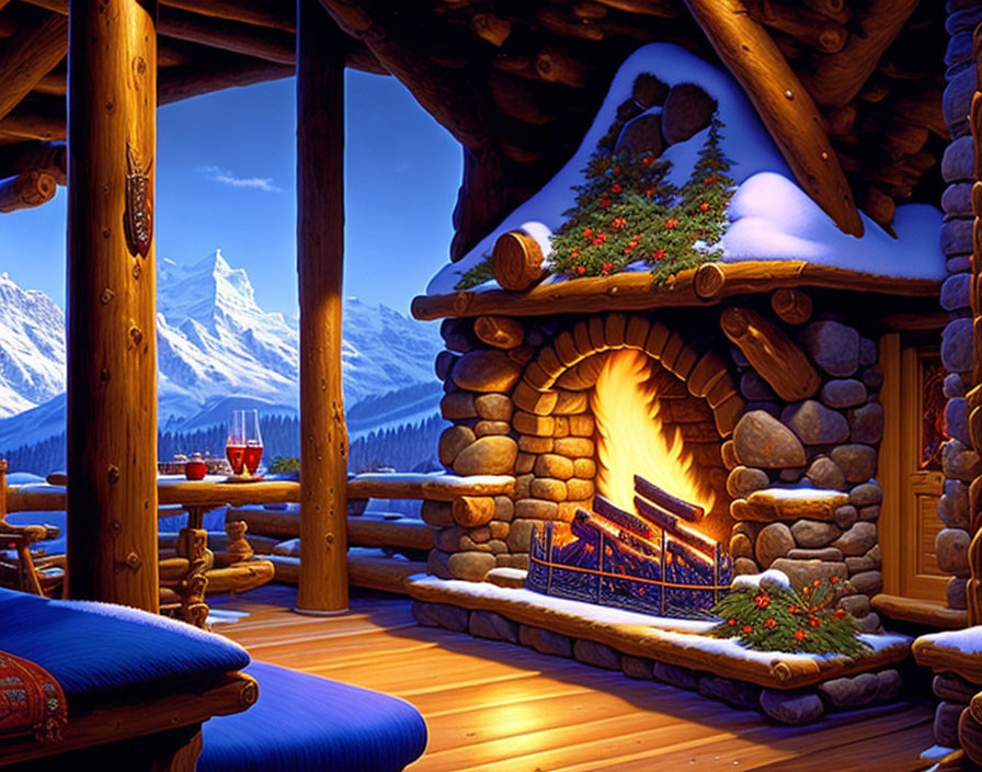 Cozy snow-covered log cabin with fireplace and mountain view