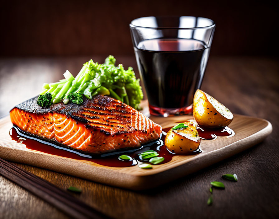 Grilled Salmon Fillet with Broccoli, Potatoes, and Red Wine on Wooden Tray