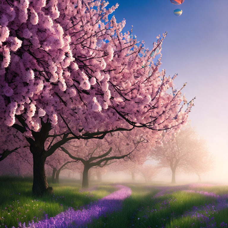 Pink cherry trees and purple flowers under a pastel sky with distant planets.