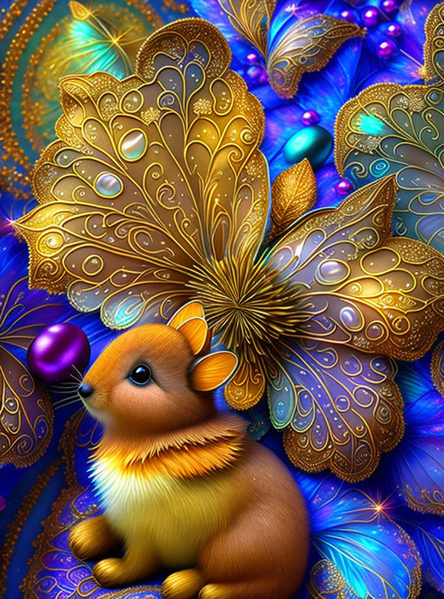 Whimsical rabbit with golden butterfly wings on vibrant blue background