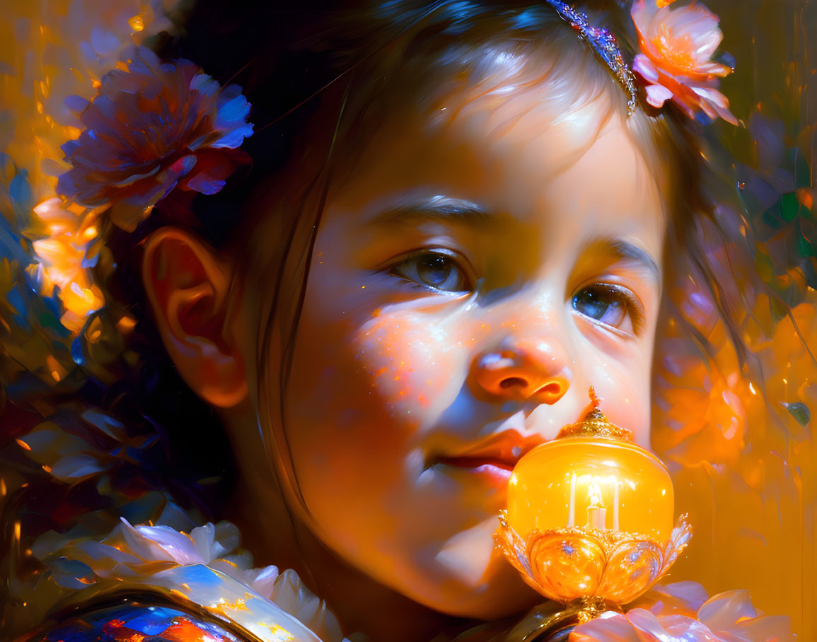 Child with floral headband gazes at glowing light bulb in golden setting