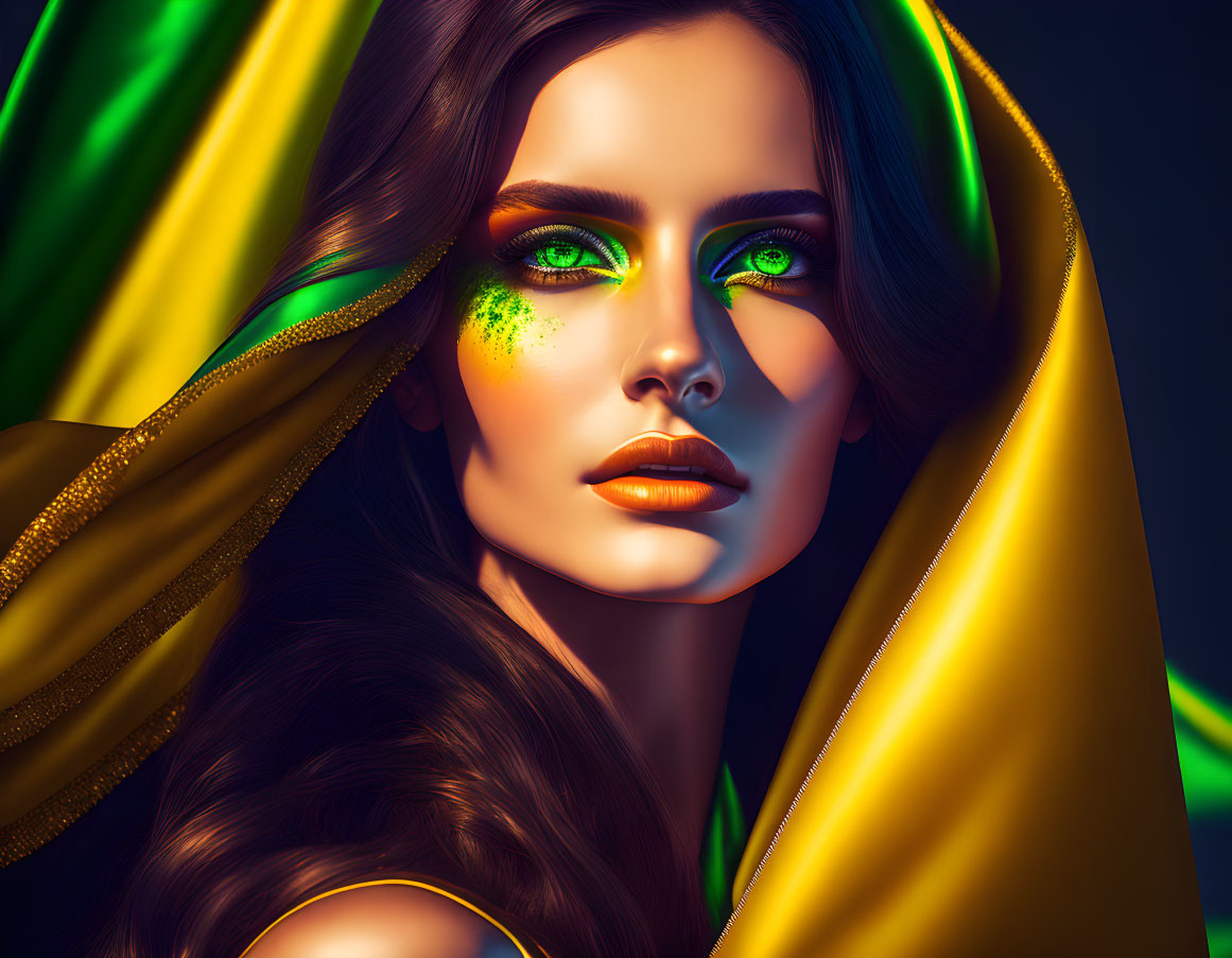 Striking Green-Eyed Woman in Vibrant Eyeshadow and Golden Fabric