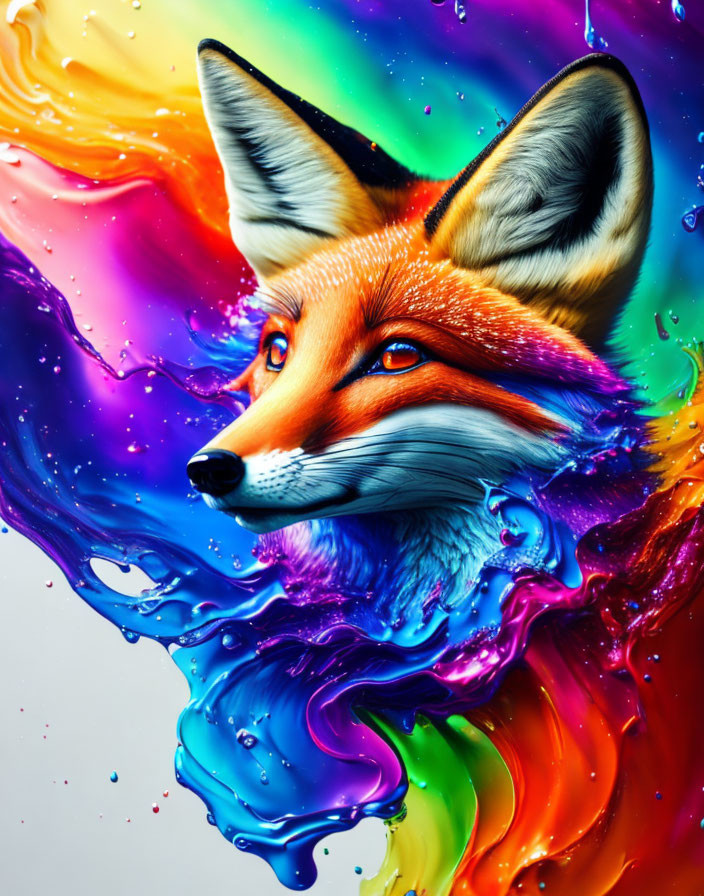 Colorful Digital Artwork: Fox Surrounded by Swirling Paint-Like Spectrum