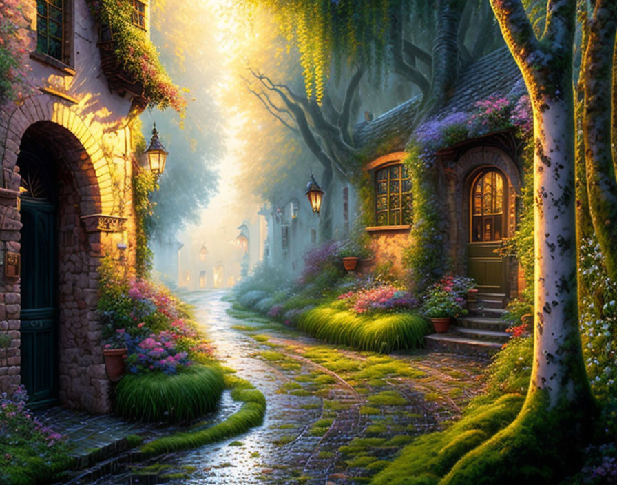 Tranquil cobblestone pathway through quaint village with colorful flowers