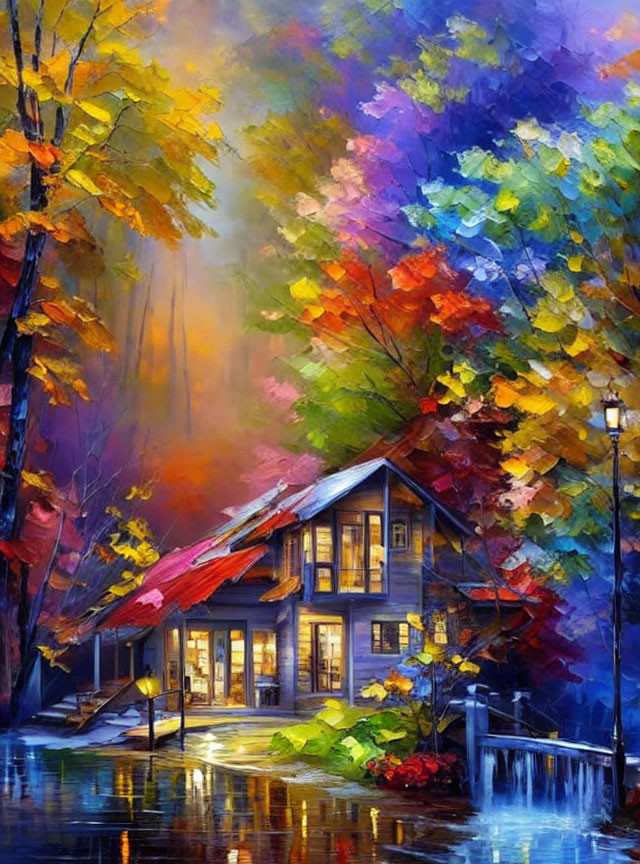 Autumn cottage painting with glowing windows and colorful trees