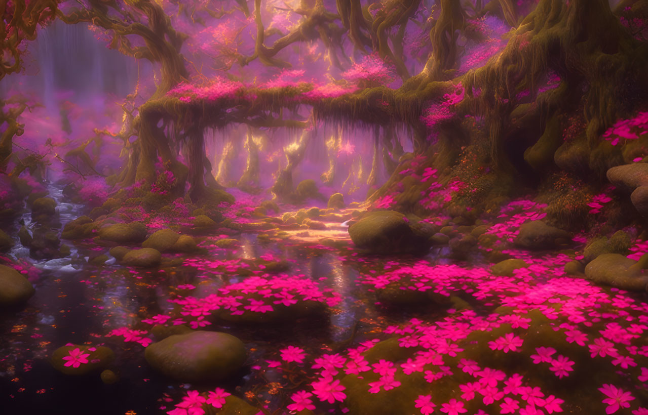 Enchanting forest scene with pink flowers, mossy trees, and glowing fog