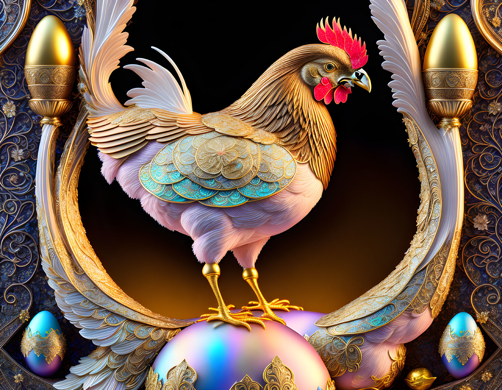 Digital ornate rooster on sphere with intricate patterns and golden foliage