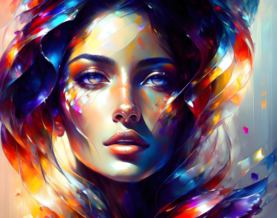 Colorful Abstract Digital Portrait of Woman with Expressive Eyes