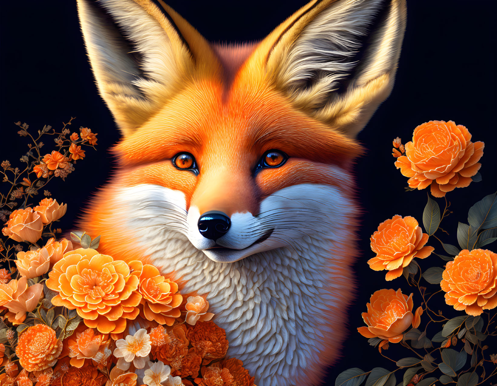 Vibrant orange fox with roses on dark background