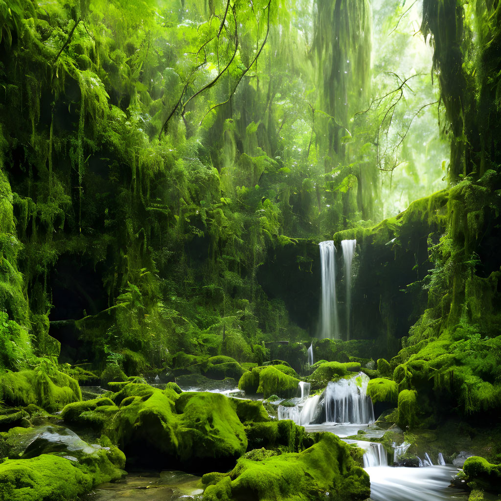 Tranquil waterfall in moss-covered forest with sunlight filtering through canopy