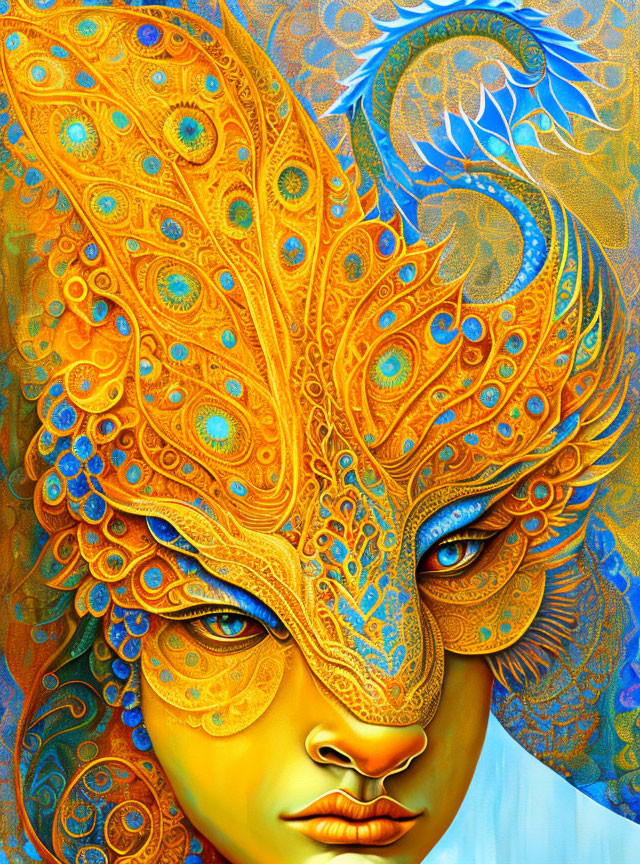 Colorful mystical figure with peacock feather motifs and intense blue eyes