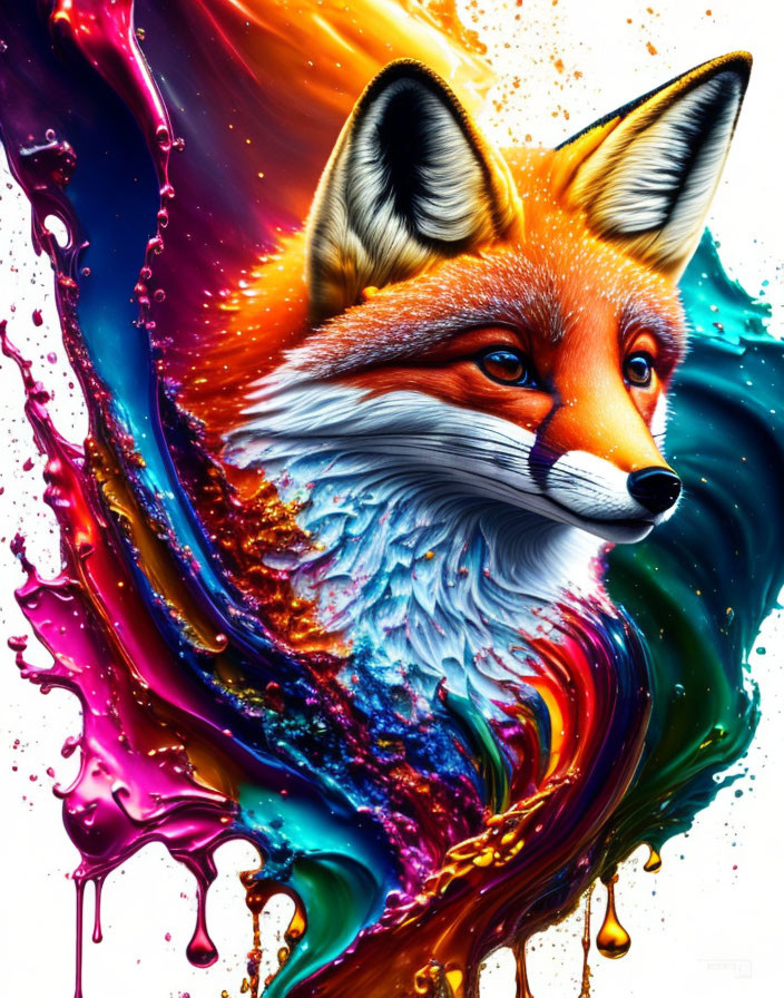 Vibrant abstract fox art with swirling colors and paint effects