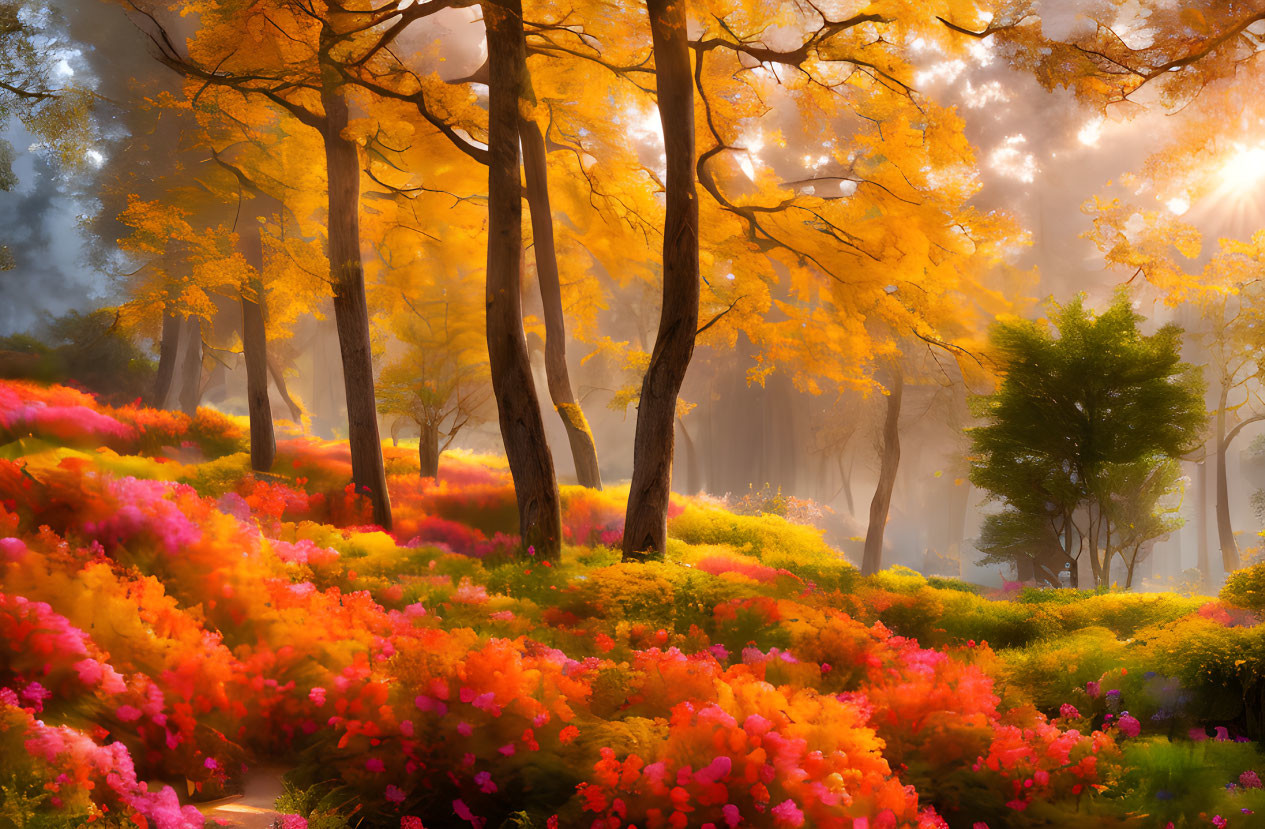 Vibrant autumn forest with golden leaves and colorful flowers in soft mist