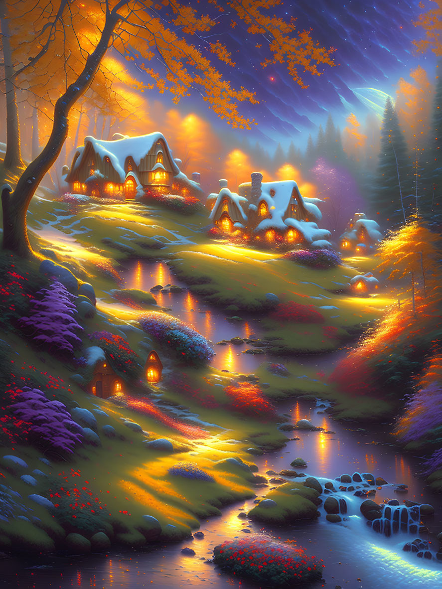 Nighttime landscape with cozy cottages, sparkling river, stone bridge, autumn trees, starry sky