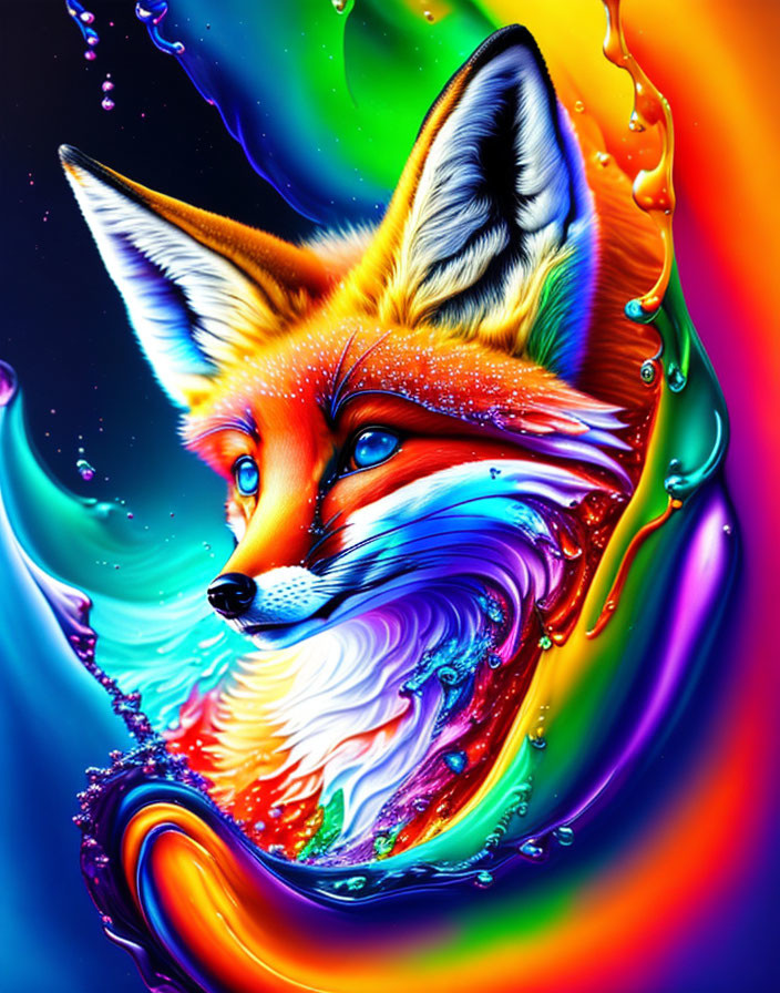 Colorful Fox Artwork with Liquid Background and Cascading Colors