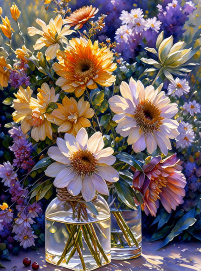 Colorful Flower Painting with Daisies in Glass Jars and Purple Blooms