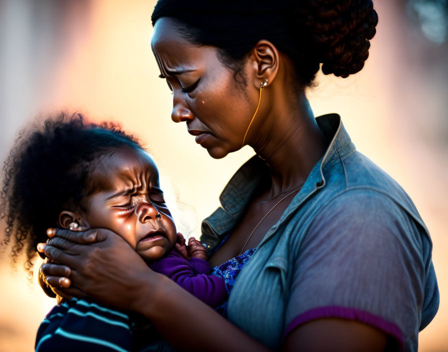 Woman comforting crying child with warm-toned background