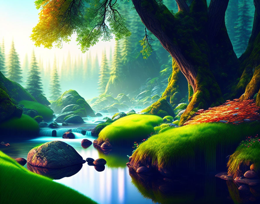 Tranquil forest landscape with moss-covered rocks, river, and sunlight rays