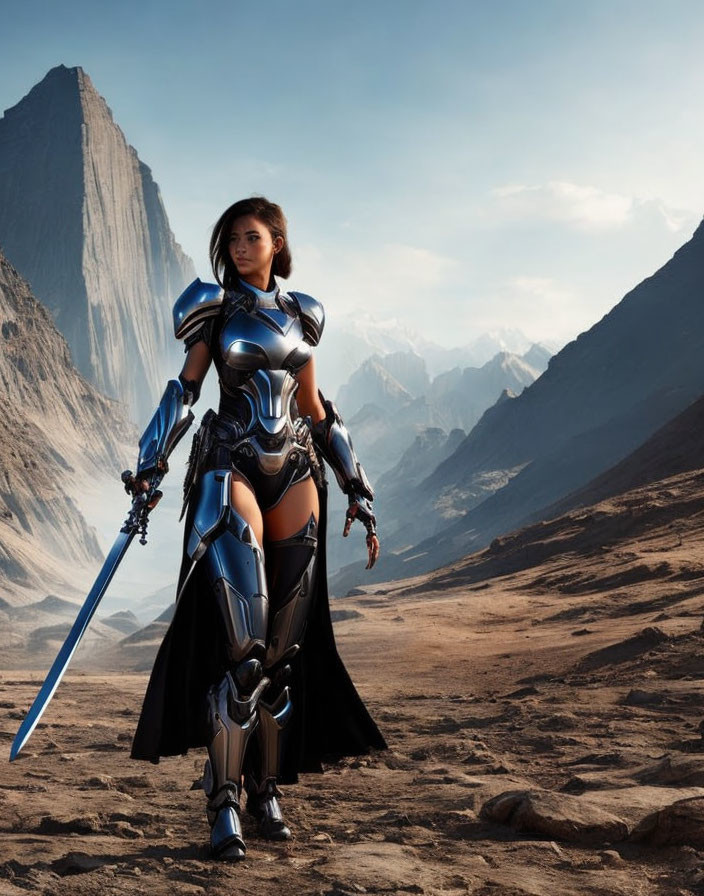 Futuristic armored warrior with sword in barren landscape