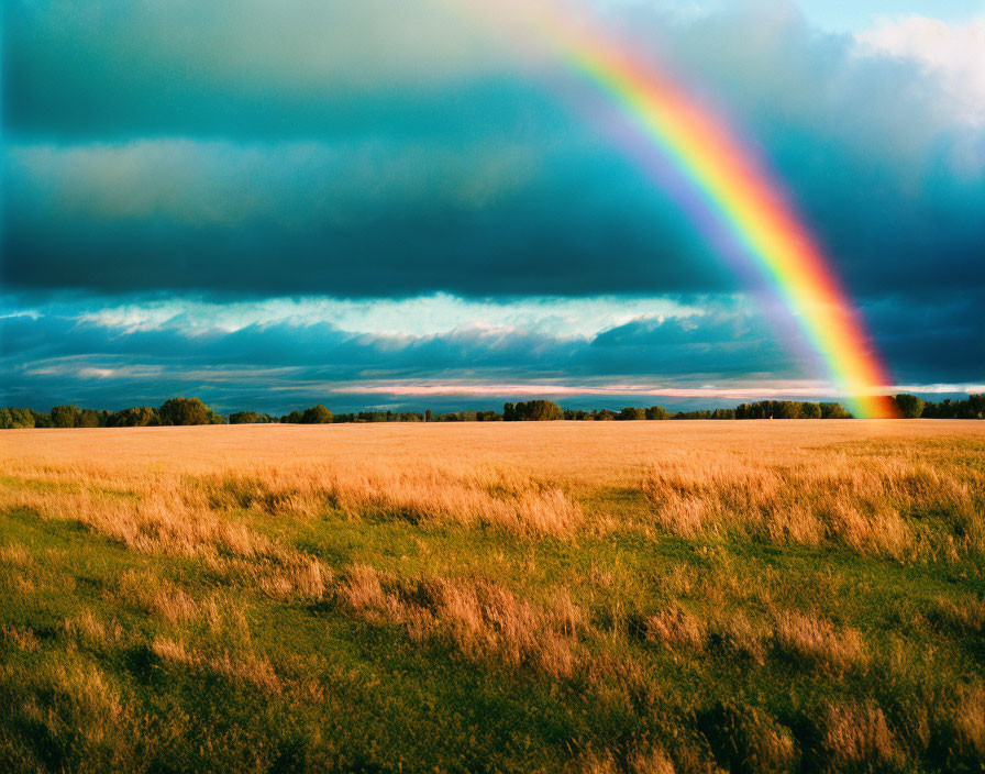 Vivid rainbow over golden field under dramatic sky