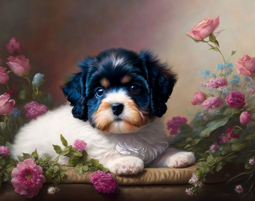 Tricolor Cavalier King Charles Spaniel Puppy Among Pink and Red Flowers