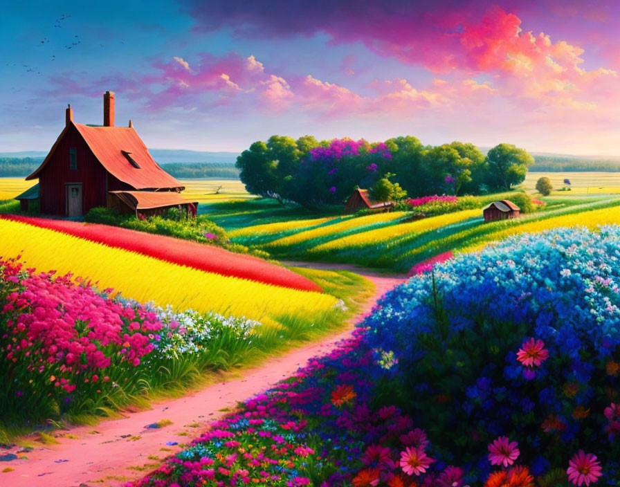 Colorful flower field with red-roofed house and clear sky