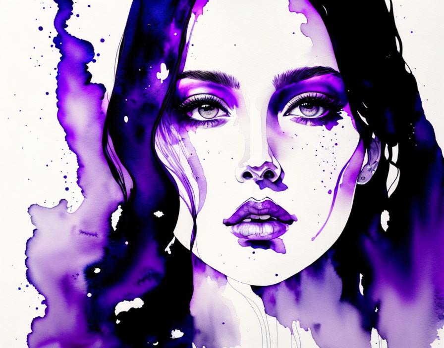 Woman with Striking Features in Purple Watercolor Tones