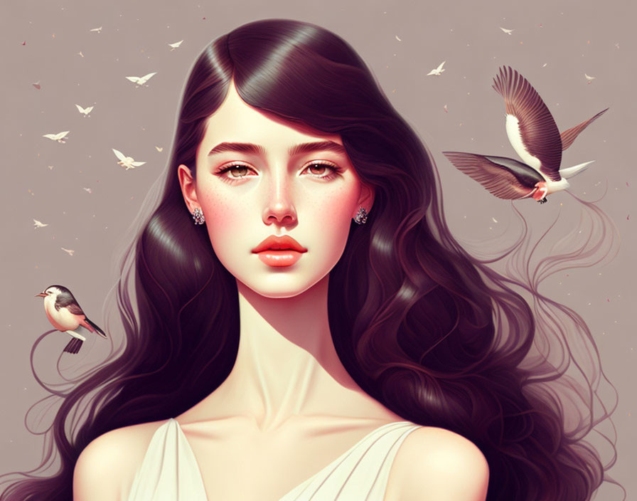 Digital illustration of woman with long wavy hair and birds on soft pink background