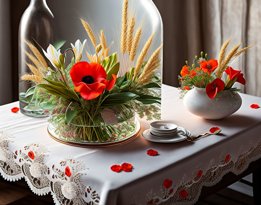 Elegant table setting with red poppy, wheat ears, greenery, and reflective vase