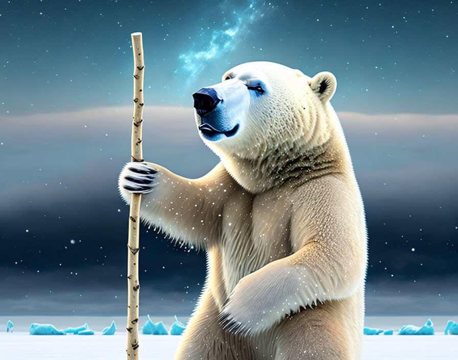 Polar bear with staff in snowy landscape