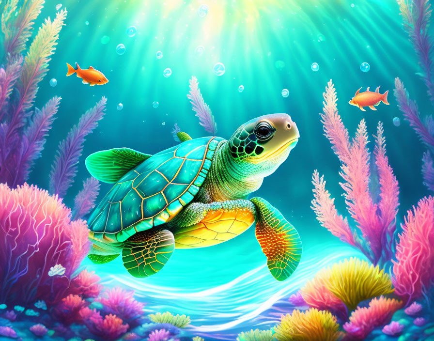 Colorful underwater scene with sea turtle, coral reefs, and fish