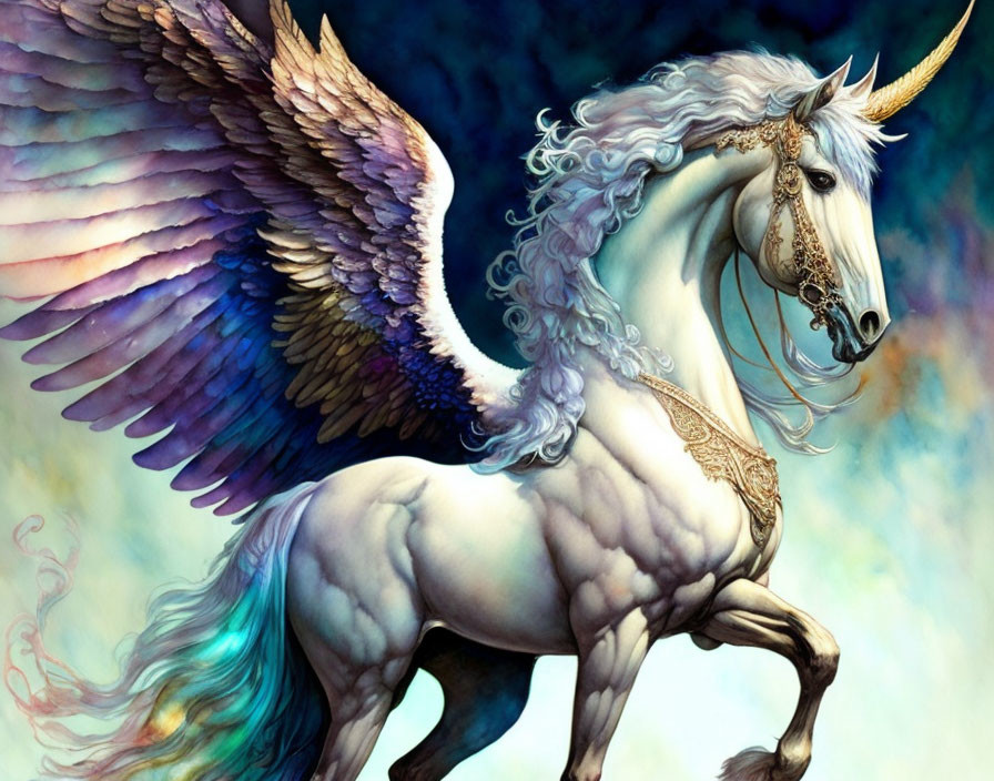 Majestic winged unicorn with spiraled horn and iridescent wings