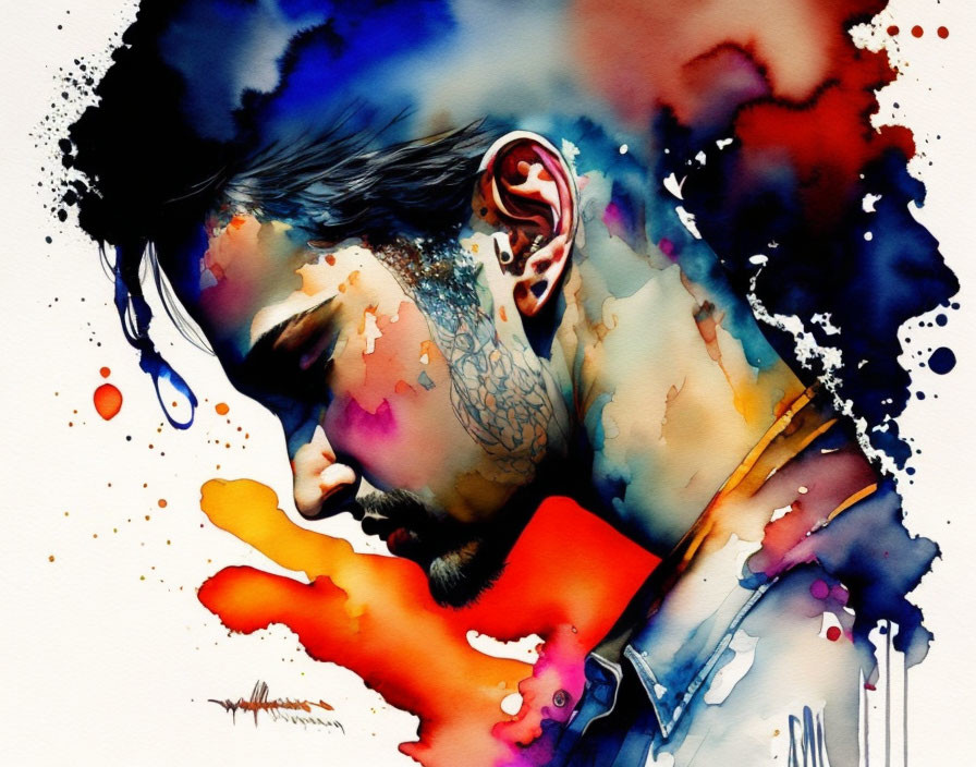 Colorful watercolor portrait of a bearded man in profile with expressive splashes and detailed textures