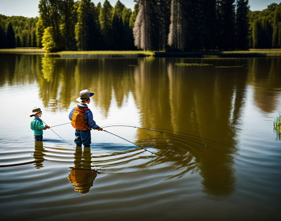 Two individuals fishing in a serene lake with lush greenery and clear sky