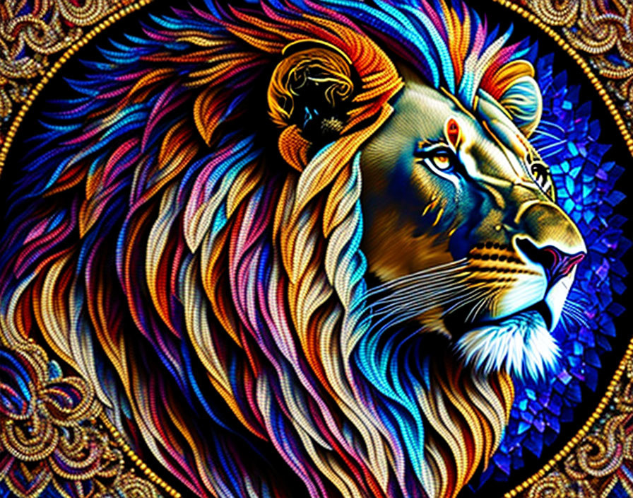 Colorful lion digital art on mosaic background