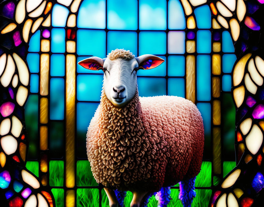 Colorful Sheep with Curly Fleece on Mosaic Background