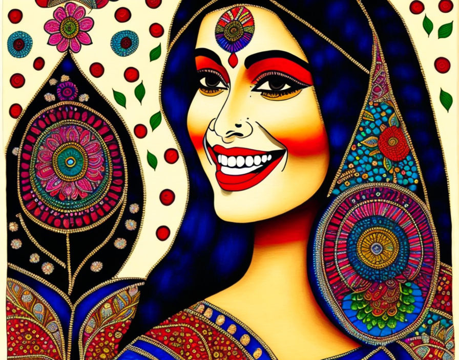 Colorful Indian-inspired woman illustration with intricate patterns