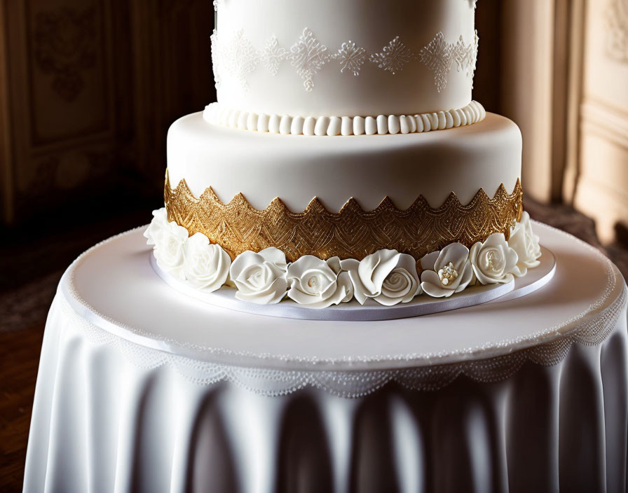 Three-tier wedding cake with white icing, gold trim, and white roses on draped table