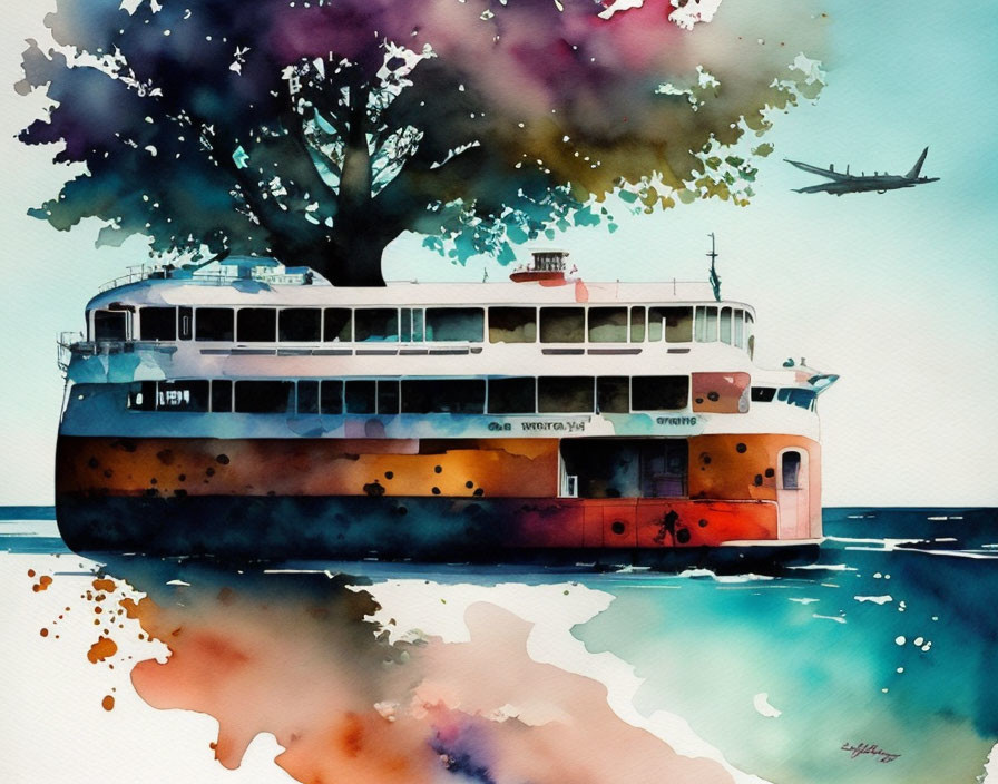 Vibrant watercolor artwork: ferry boat, tree silhouette, airplane in sky