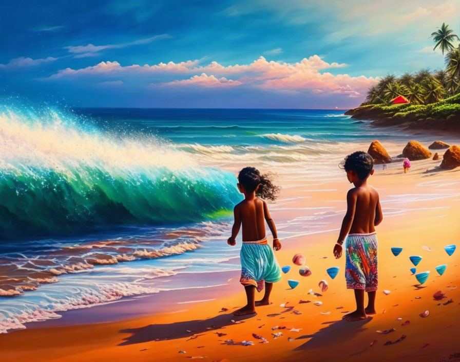 Children playing with a ball on a sunny beach with crashing waves and clear blue sky