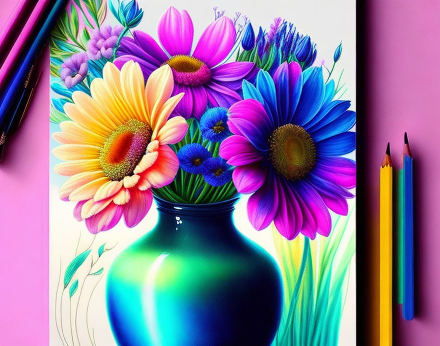 Bright floral arrangement in blue vase with colored pencils on pink backdrop