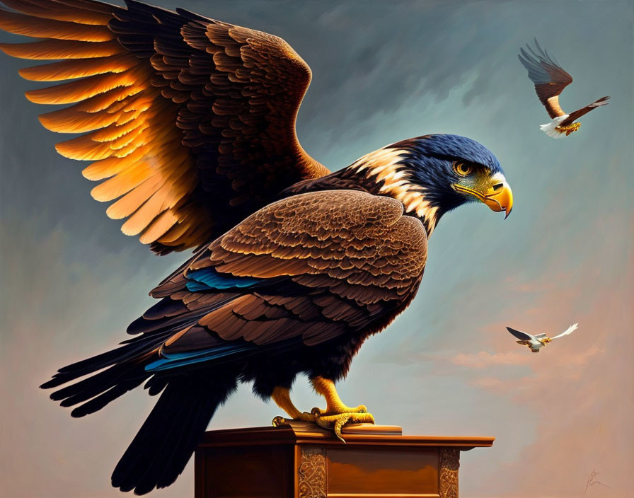 Majestic eagle perched on wooden pedestal with fanned wings & flying eagles in background