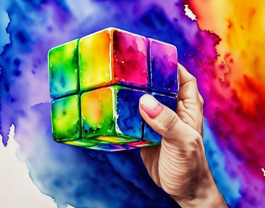 Colorful Rubik's Cube Held by Hand on Watercolor Background