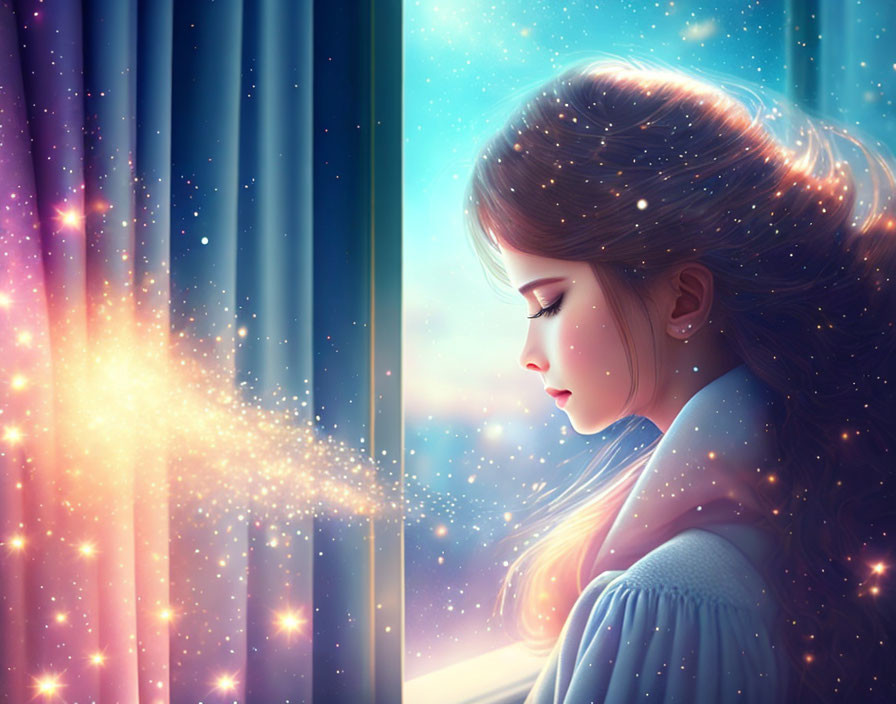 Girl with Closed Eyes in Warm Starry Glow.