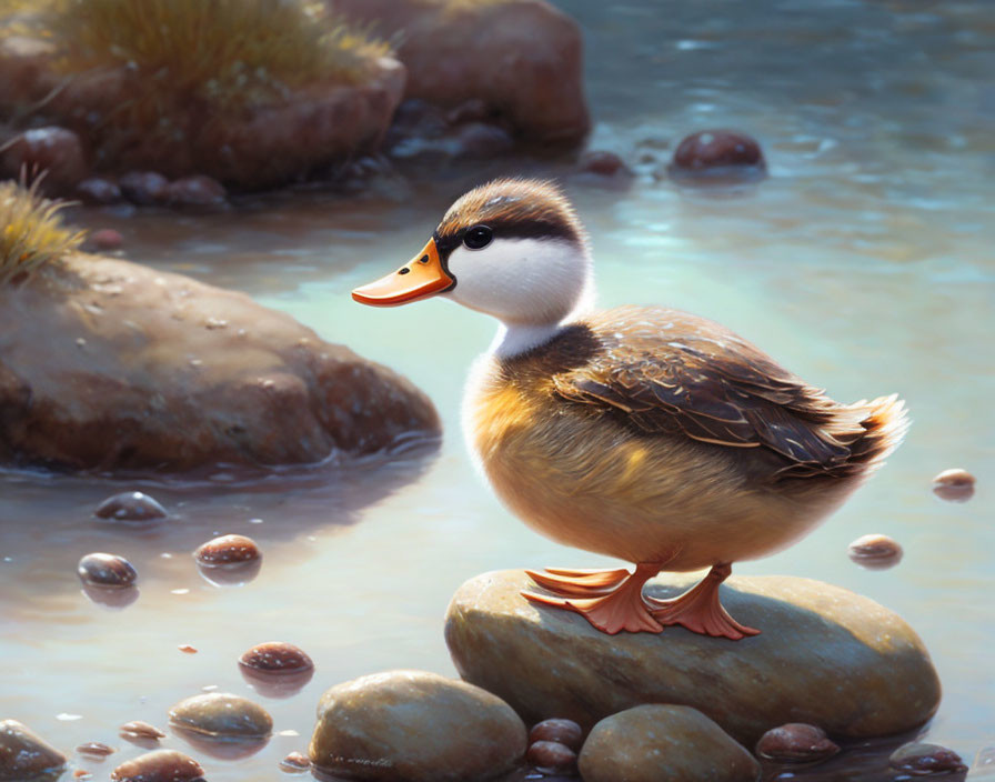 Anthropomorphic duckling on rock by stream with pebbles and vegetation