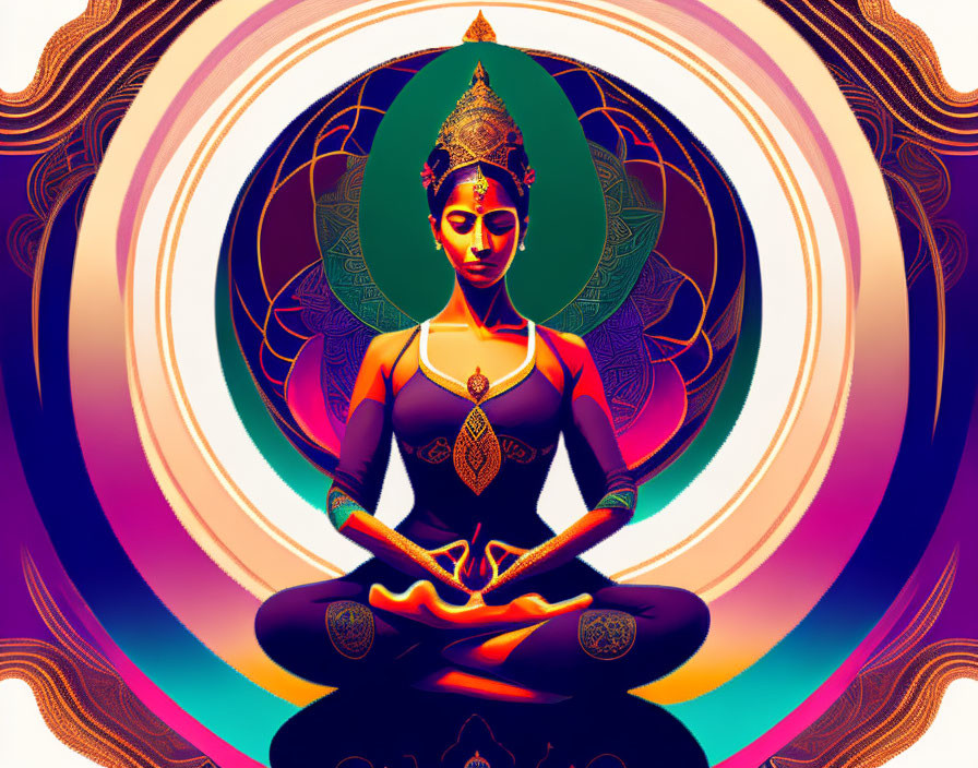 Colorful Digital Artwork: Meditating Figure in Traditional Attire