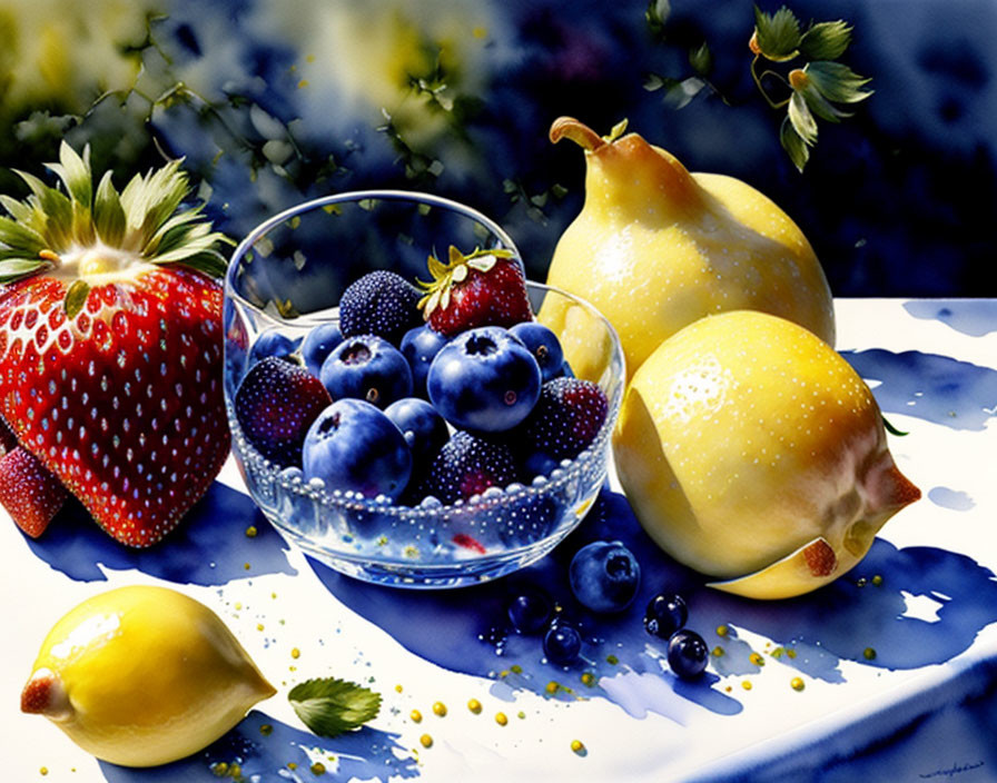 Colorful still life painting with blueberries, strawberry, pears on white surface